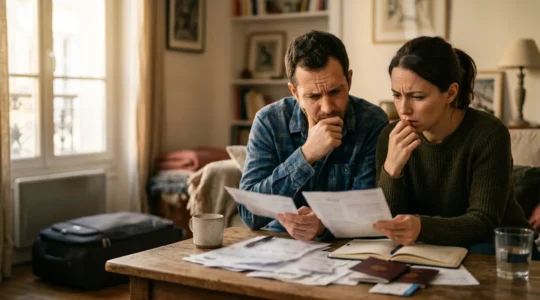 Couple consultant des documents d'assurance voyage avec préoccupation, papiers flous au premier plan