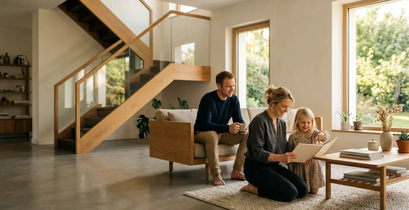 Famille dans un intérieur moderne avec escalier en arrière-plan, évoquant la protection et la sécurité domestique