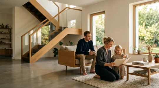 Famille dans un intérieur moderne avec escalier en arrière-plan, évoquant la protection et la sécurité domestique