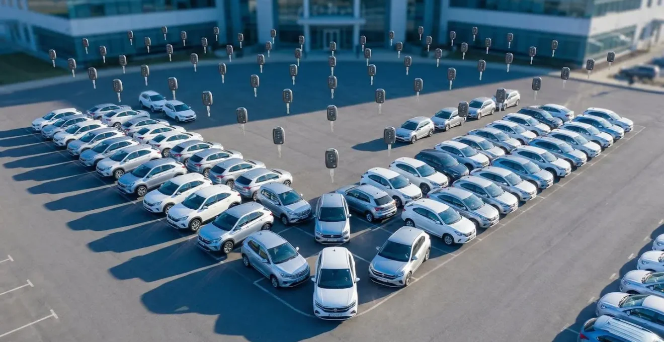 Parc automobile d'entreprise moderne avec véhicules alignés et système de gestion centralisé