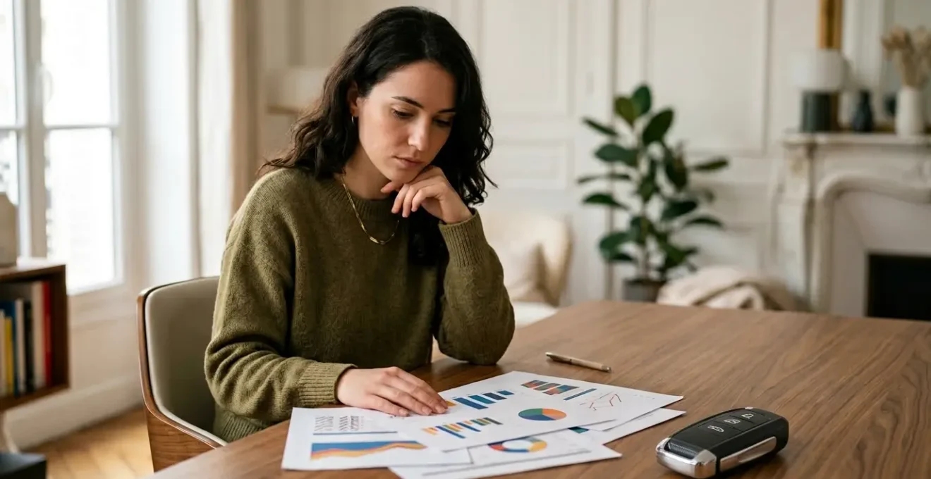 Jeune conducteur examinant attentivement les options d'assurance auto avec des documents financiers et une calculatrice