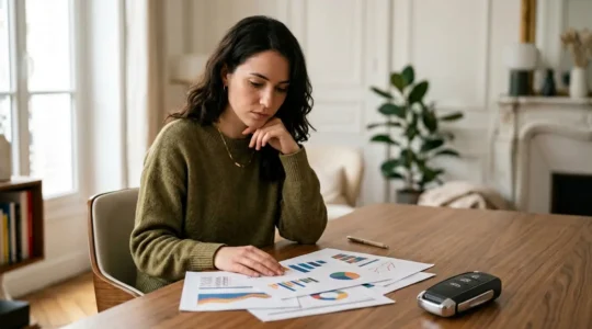 Jeune conducteur examinant attentivement les options d'assurance auto avec des documents financiers et une calculatrice