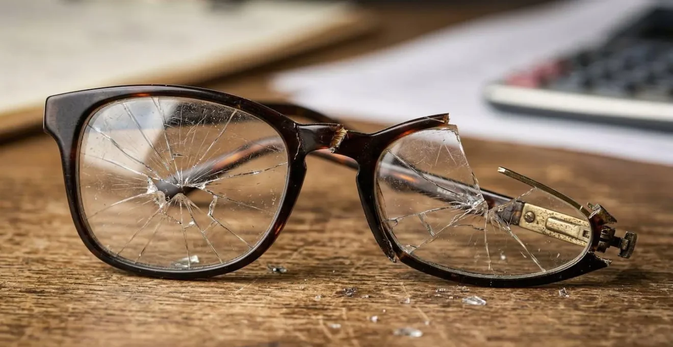 Gros plan sur des lunettes cassées posées sur un bureau avec documents d'expertise flous en arrière-plan