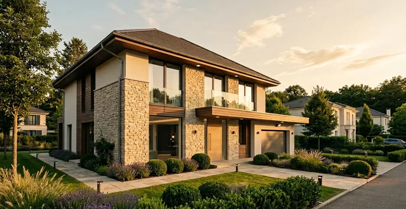 Maison moderne française protégée par un système d'alarme connecté avec détecteurs visibles et smartphone montrant l'application de contrôle