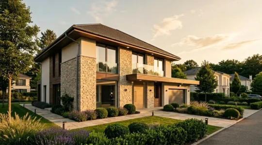 Maison moderne française protégée par un système d'alarme connecté avec détecteurs visibles et smartphone montrant l'application de contrôle