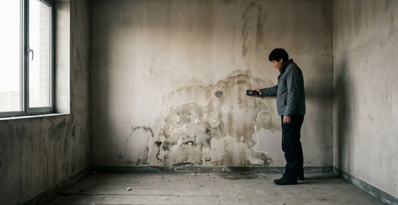 Expert mesurant le taux d'humidité dans un mur avec un hygromètre professionnel