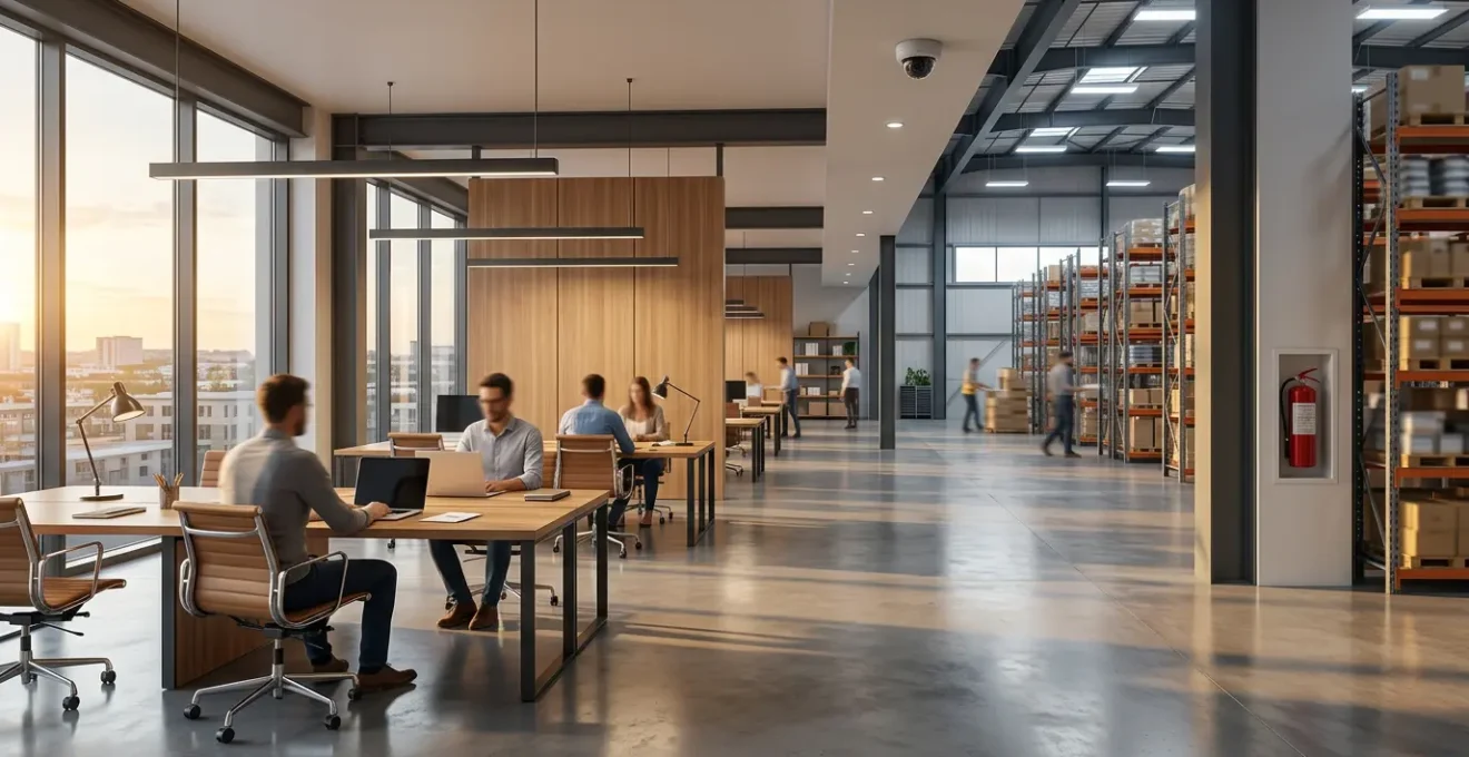 Vue d'ensemble d'un espace professionnel moderne protégé montrant bureau, entrepôt et équipements sécurisés