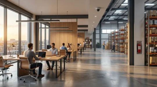 Vue d'ensemble d'un espace professionnel moderne protégé montrant bureau, entrepôt et équipements sécurisés