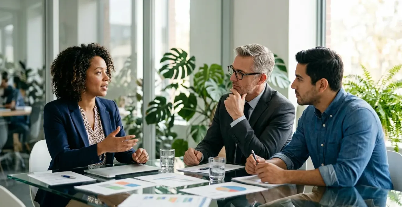 Gestionnaires RH en réunion analysant des documents de couverture santé collective dans un bureau moderne