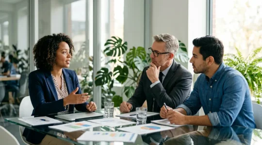 Gestionnaires RH en réunion analysant des documents de couverture santé collective dans un bureau moderne