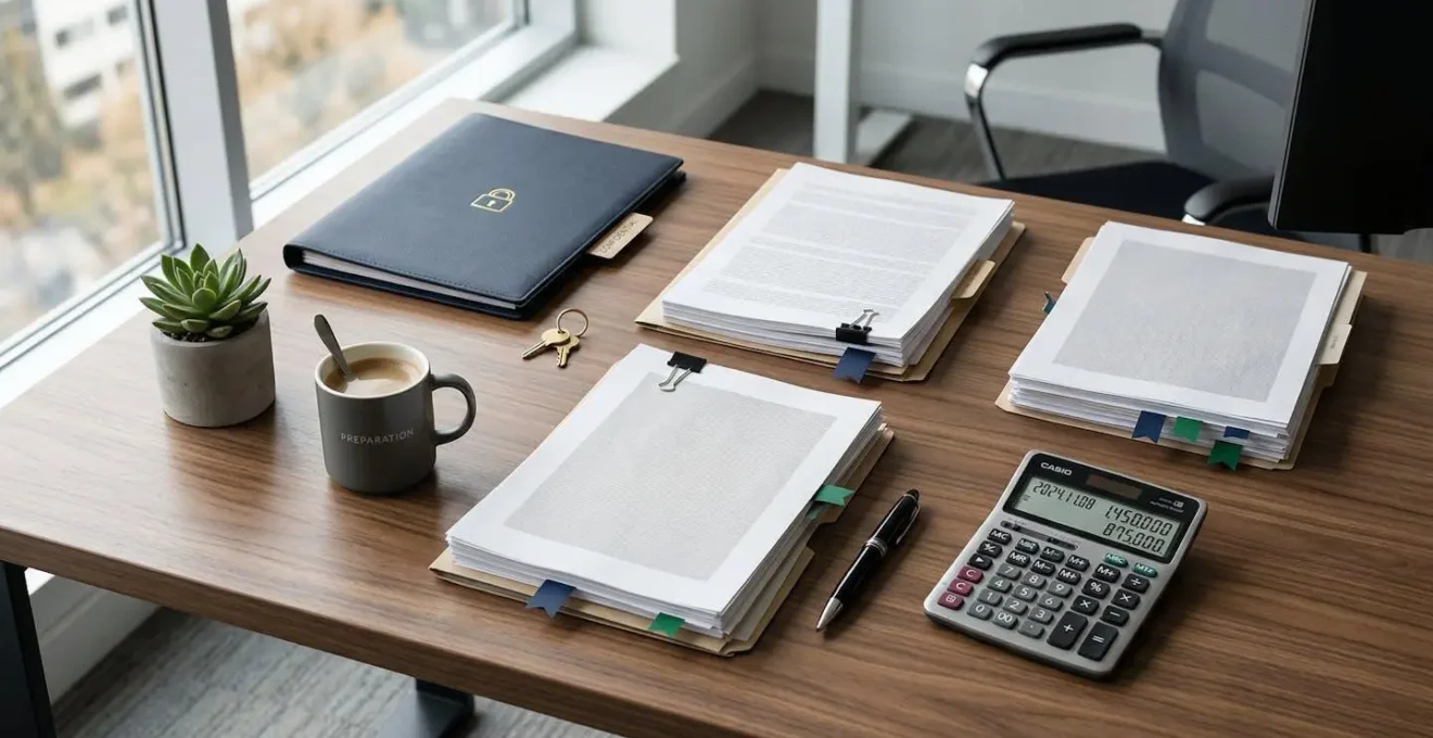 Bureau avec documents d'assurance et factures d'alarme organisés pour négociation
