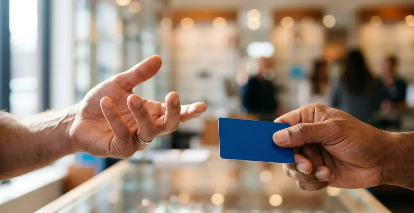 Gros plan sur des mains échangeant une carte de crédit avec des lunettes floues en arrière-plan