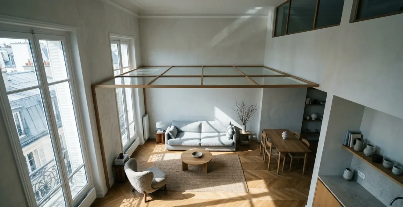 Vue en plongée d'un salon moderne français montrant symboliquement la limite invisible des garanties d'assurance habitation