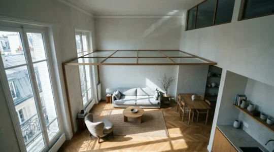 Vue en plongée d'un salon moderne français montrant symboliquement la limite invisible des garanties d'assurance habitation