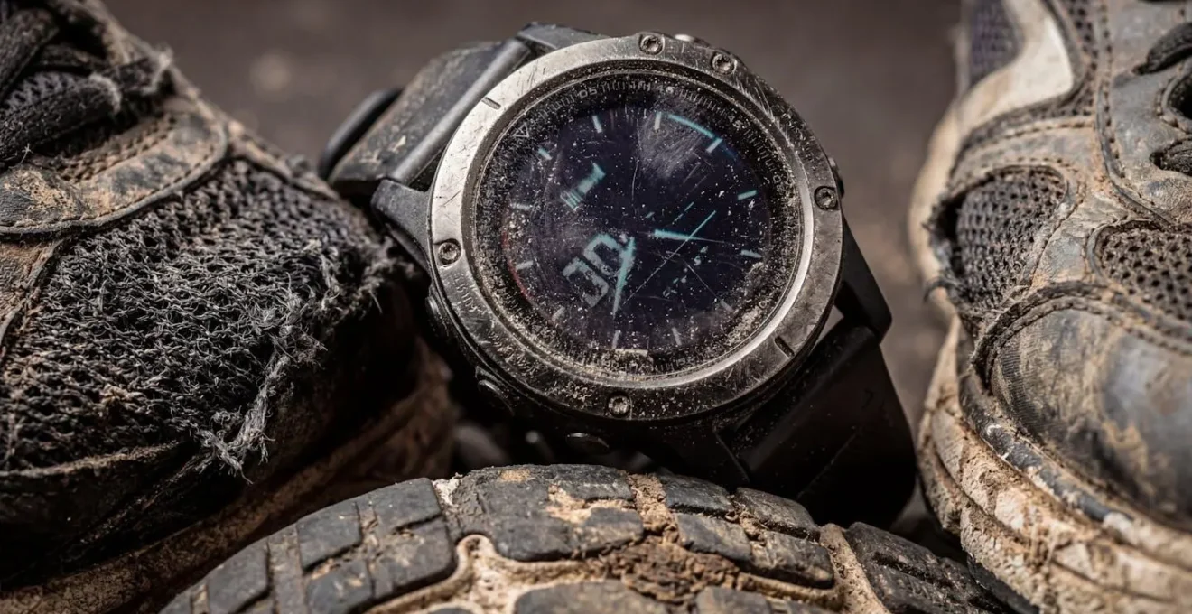 Montre connectée et équipement sportif abandonnés symbolisant la perte d'activités