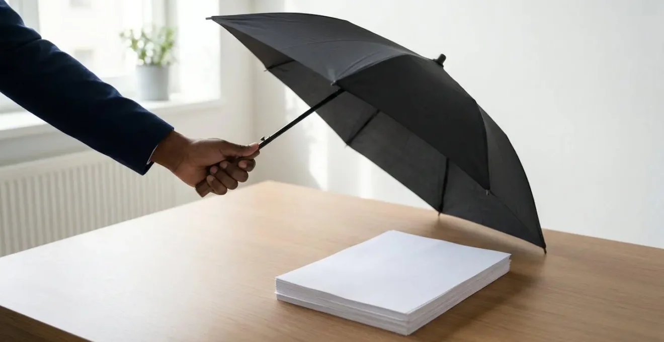 Main tenant un parapluie protecteur au-dessus de papiers symbolisant la protection juridique