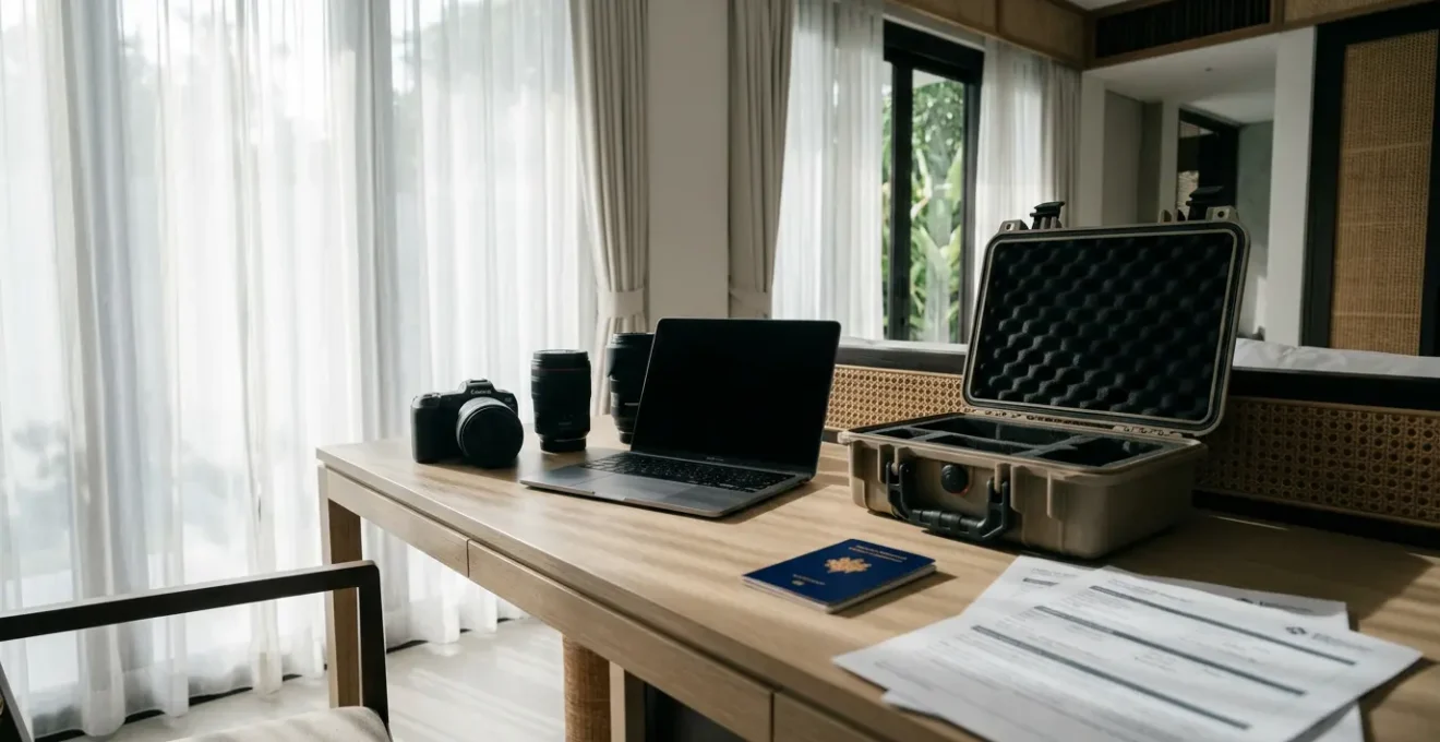 Équipement photographique et informatique en contexte de voyage international avec documents d'assurance
