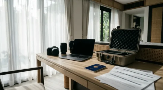 Équipement photographique et informatique en contexte de voyage international avec documents d'assurance