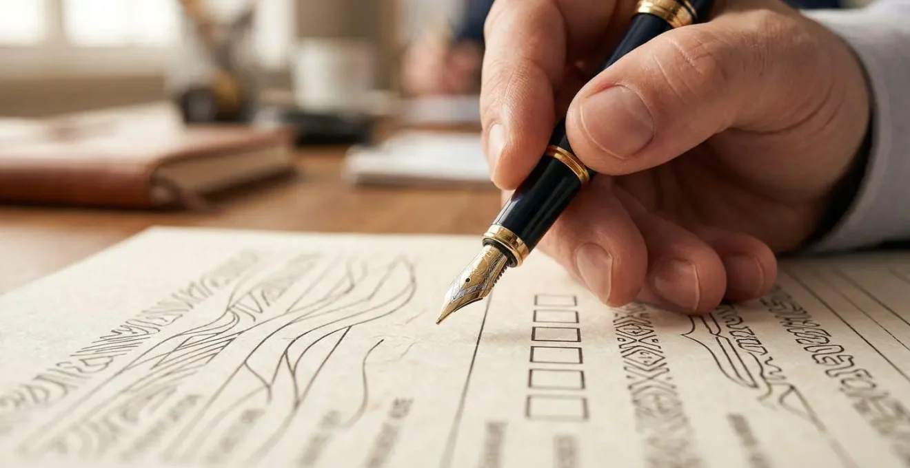 Personne relisant attentivement un questionnaire d'assurance avant signature, vue macro sur les mains et le stylo