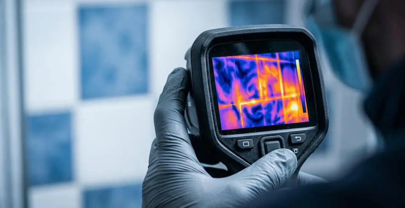 Technicien utilisant une caméra thermique pour détecter une fuite dans un mur de salle de bain