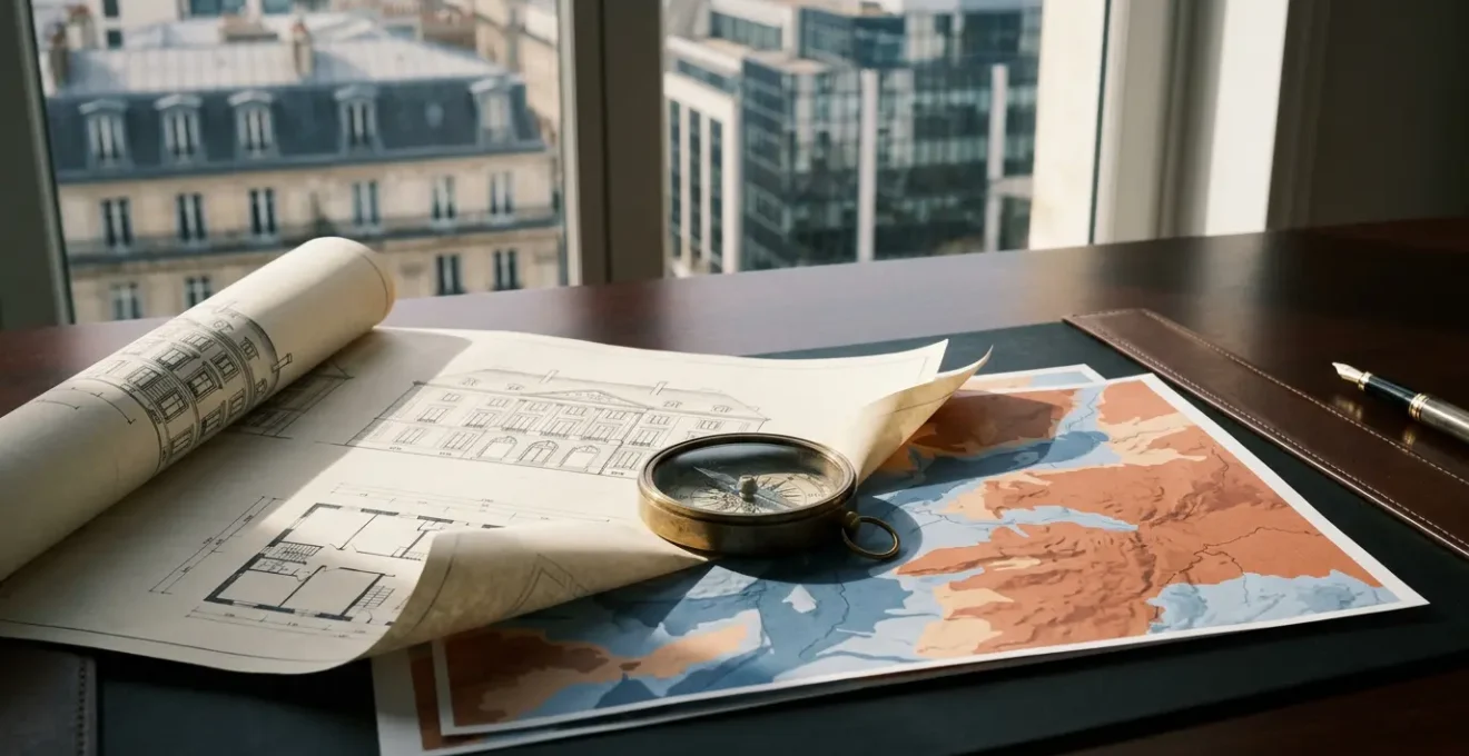 Concept visuel des réformes d'assurance avec documents législatifs et symboles d'adaptation climatique