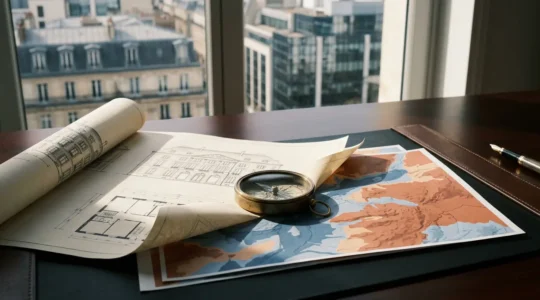 Concept visuel des réformes d'assurance avec documents législatifs et symboles d'adaptation climatique