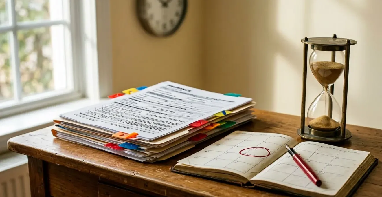 Documents d'assurance et calendrier sur bureau avec horloge murale