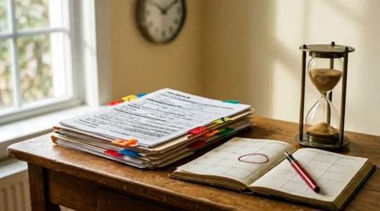 Documents d'assurance et calendrier sur bureau avec horloge murale