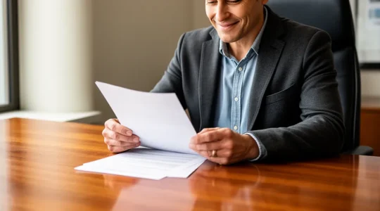 Personne consultant paisiblement des documents administratifs sur une table en bois avec ordinateur portable et smartphone éteints