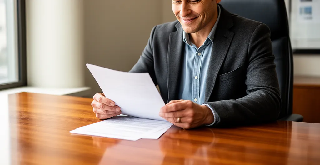 Personne consultant paisiblement des documents administratifs sur une table en bois avec ordinateur portable et smartphone éteints