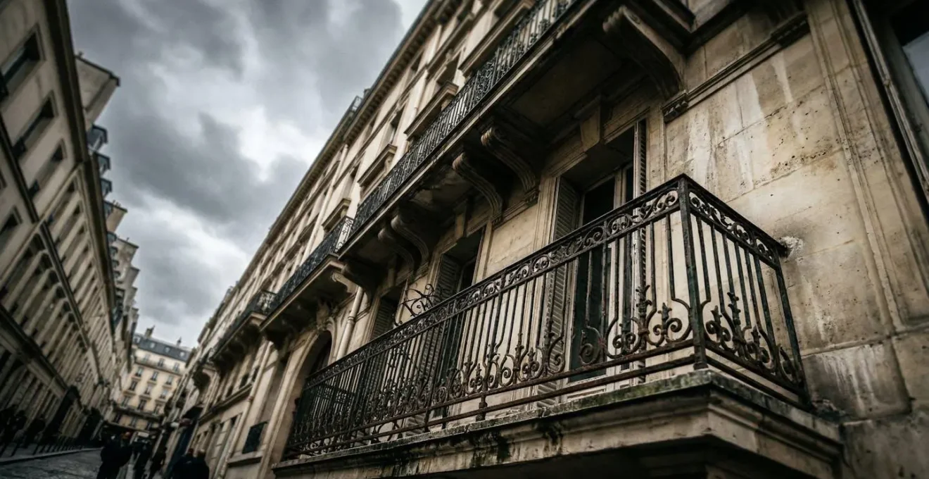Vue en contre-plongée d'un immeuble parisien avec balcons en fer forgé sous ciel nuageux