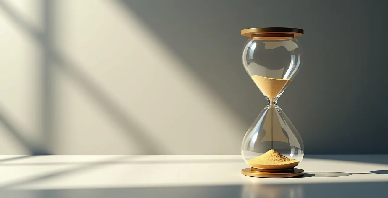 Sablier moderne avec sable doré représentant le temps jusqu'à la retraite