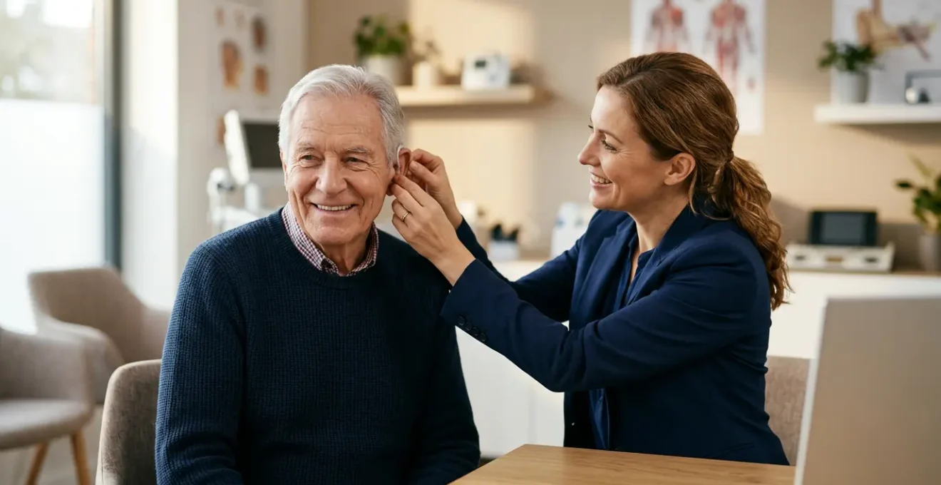 Patient senior en consultation chez un audioprothésiste pour un équipement 100% santé