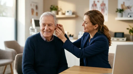 Patient senior en consultation chez un audioprothésiste pour un équipement 100% santé