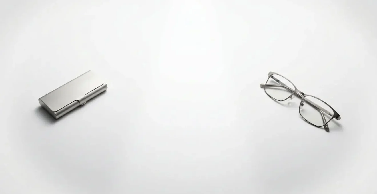 Composition minimaliste montrant des lentilles de contact et des lunettes séparées visuellement sur fond épuré