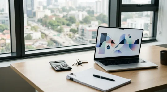 Une personne utilise une calculatrice et un ordinateur portable pour comparer des devis d'assurance auto