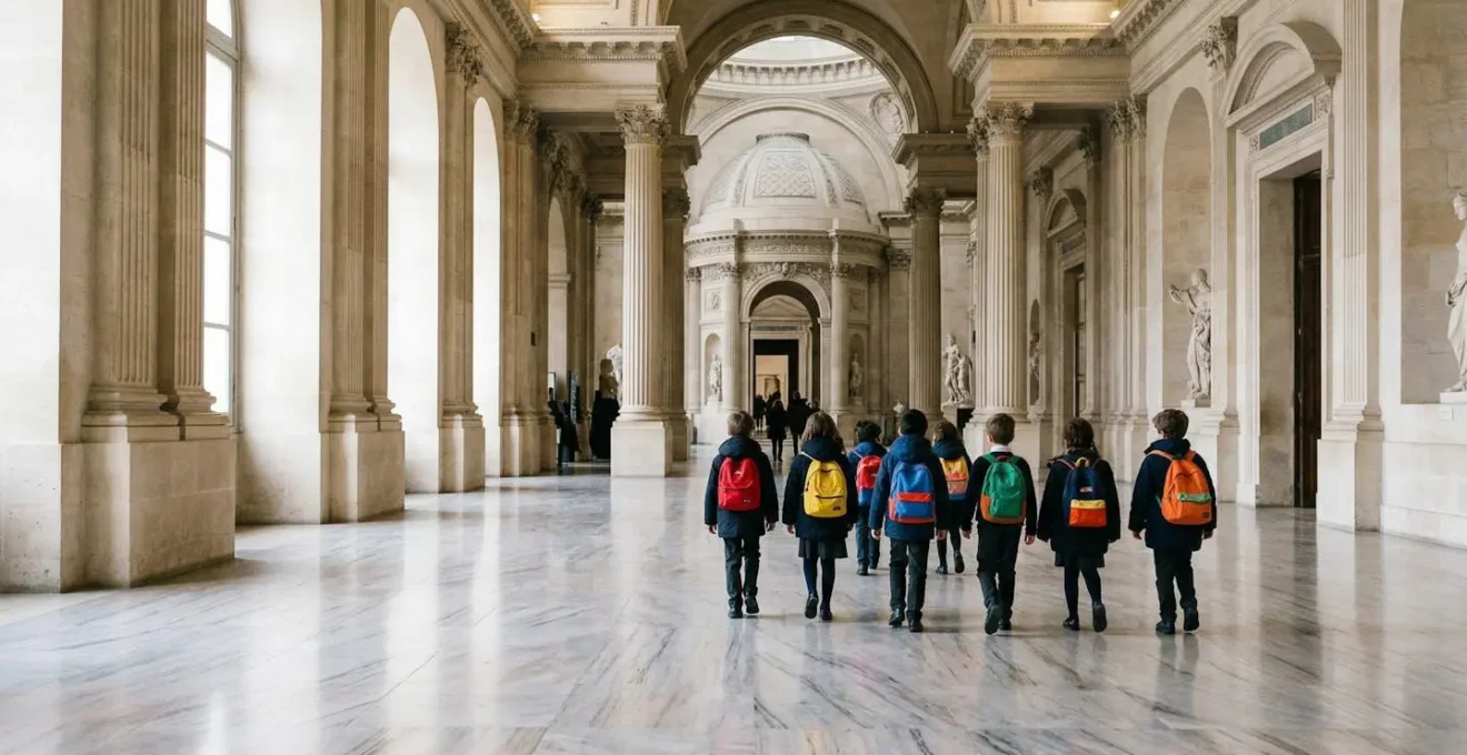 Groupe d'écoliers en sortie scolaire dans un espace culturel français, vue de dos en perspective
