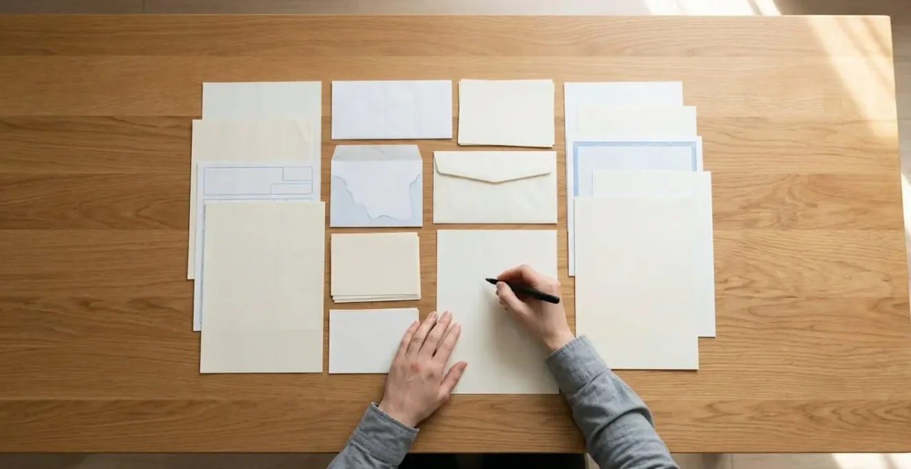 Vue de dessus de documents administratifs organisés sur une table avec mains tenant un stylo