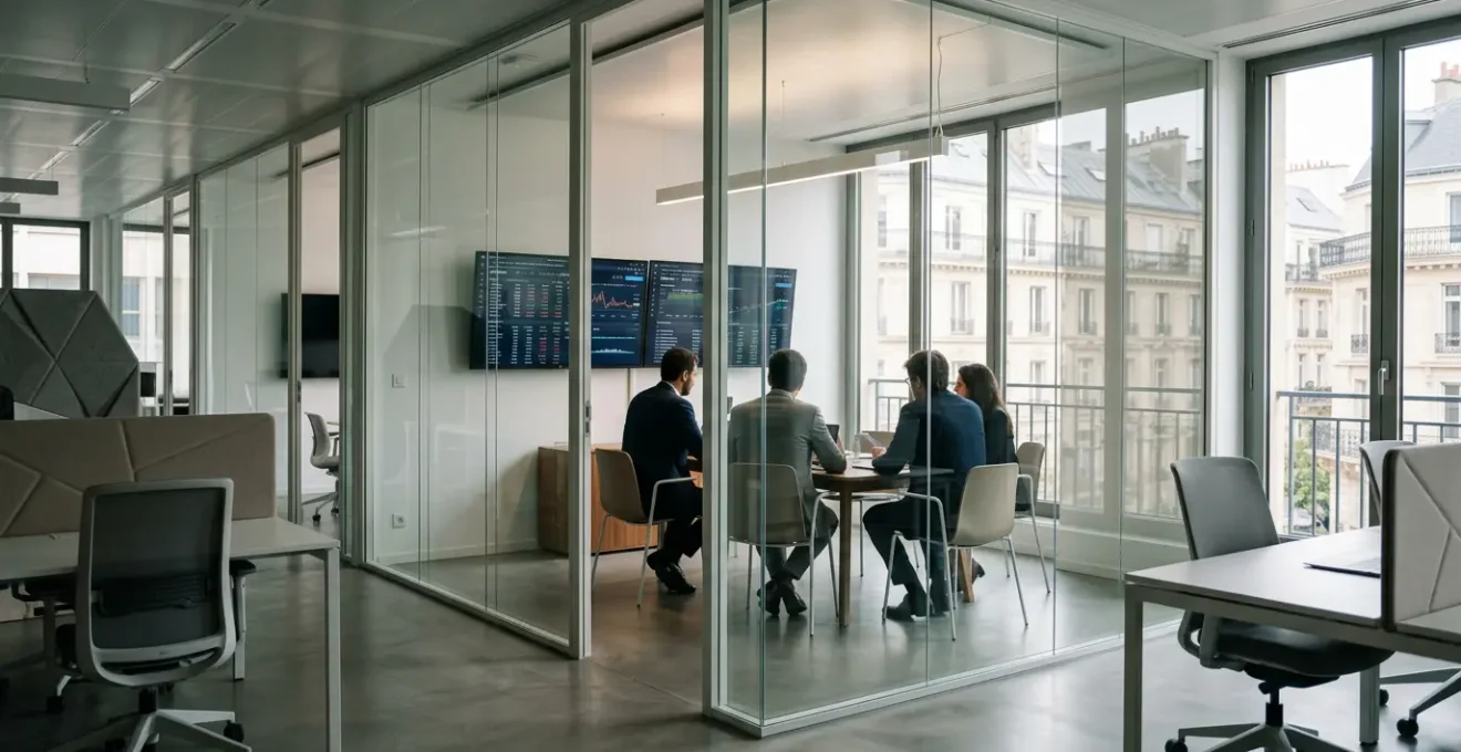 Vue d'un bureau moderne avec documents financiers et graphiques sur écran, symbolisant la gestion de trésorerie d'entreprise