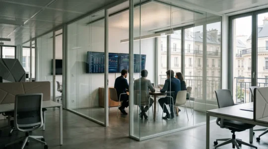 Vue d'un bureau moderne avec documents financiers et graphiques sur écran, symbolisant la gestion de trésorerie d'entreprise