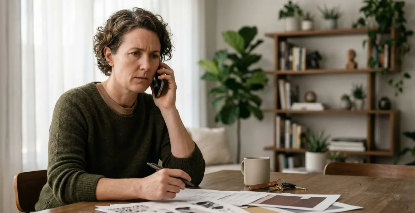 Personne au téléphone dans un salon moderne avec documents d'assurance sur la table