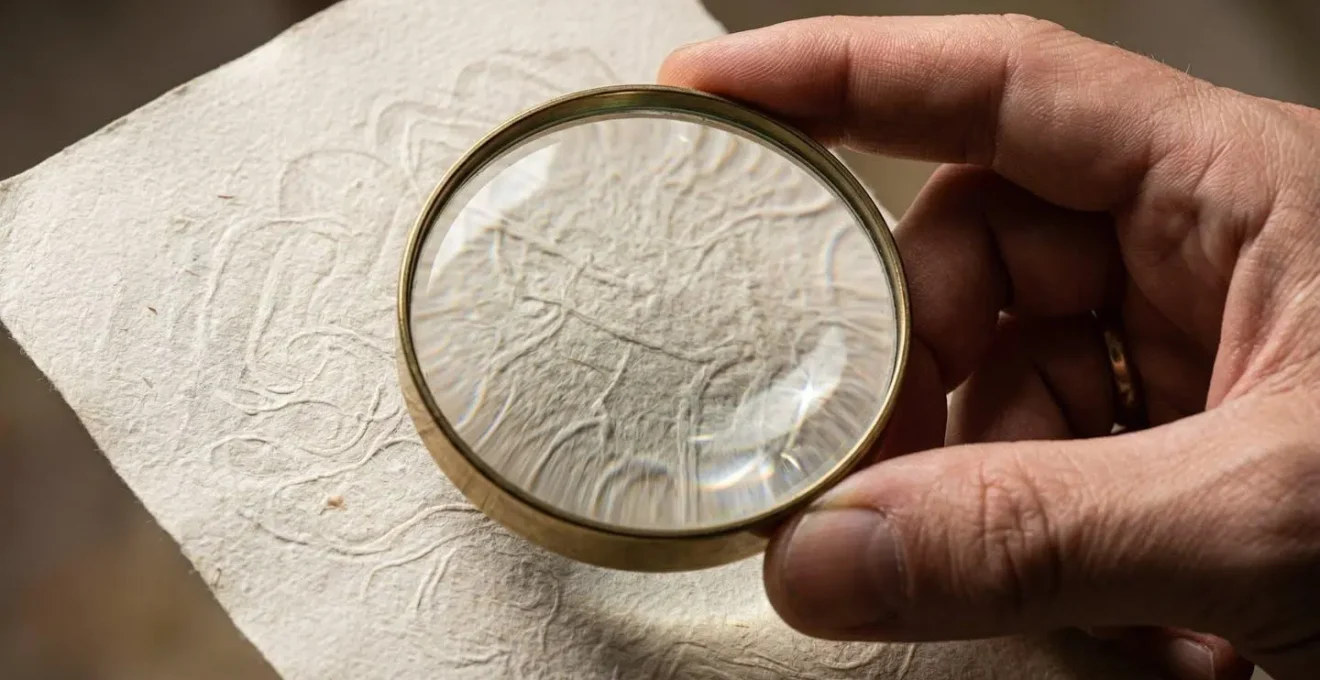 Personne examinant attentivement un document avec une loupe, focus sur les détails