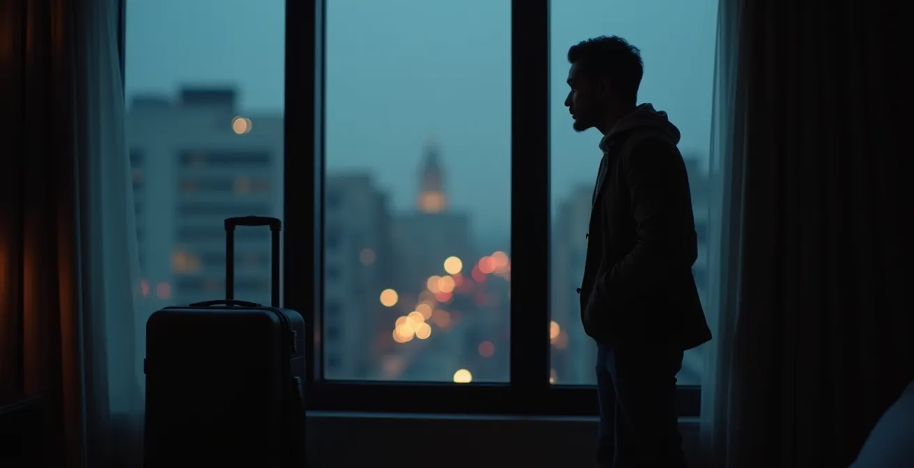 Personne en quarantaine regardant par la fenêtre d'une chambre d'hôtel avec valise