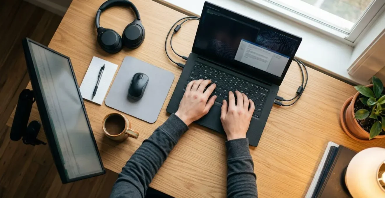 Vue plongeante d'un bureau à domicile moderne avec ordinateur portable et équipements professionnels