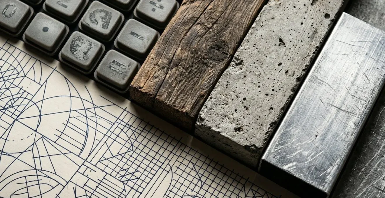 Gros plan sur une calculatrice, des plans de construction et des échantillons de matériaux