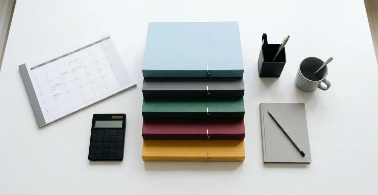 Vue aérienne d'un bureau avec calendrier et documents d'assurance regroupés pour illustrer l'alignement des échéances