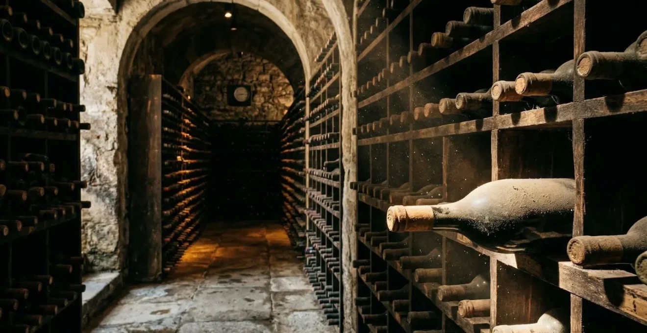Cave à vin vue de profil avec éclairage tamisé montrant la profondeur des rangements