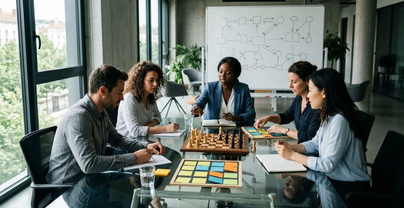 Équipe de startup en réunion stratégique planifiant la continuité d'activité