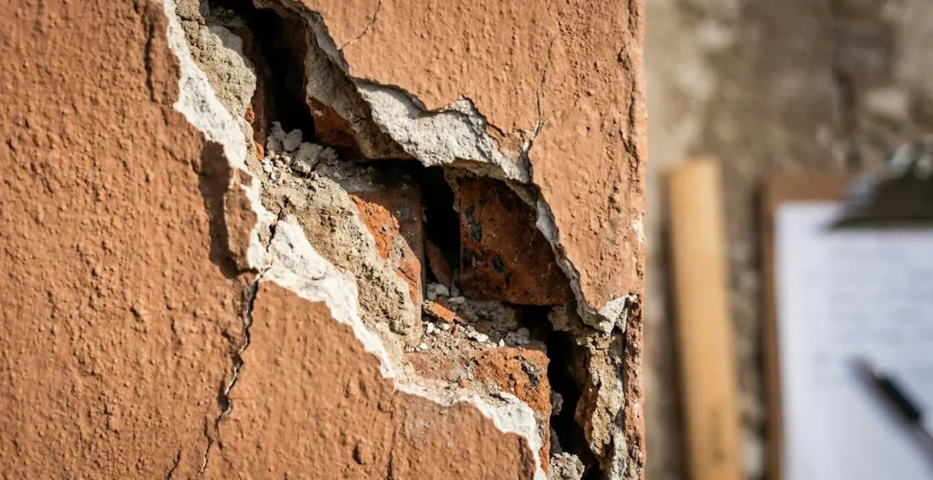 Expert en assurance évaluant les fissures structurelles d'une maison touchée par la sécheresse