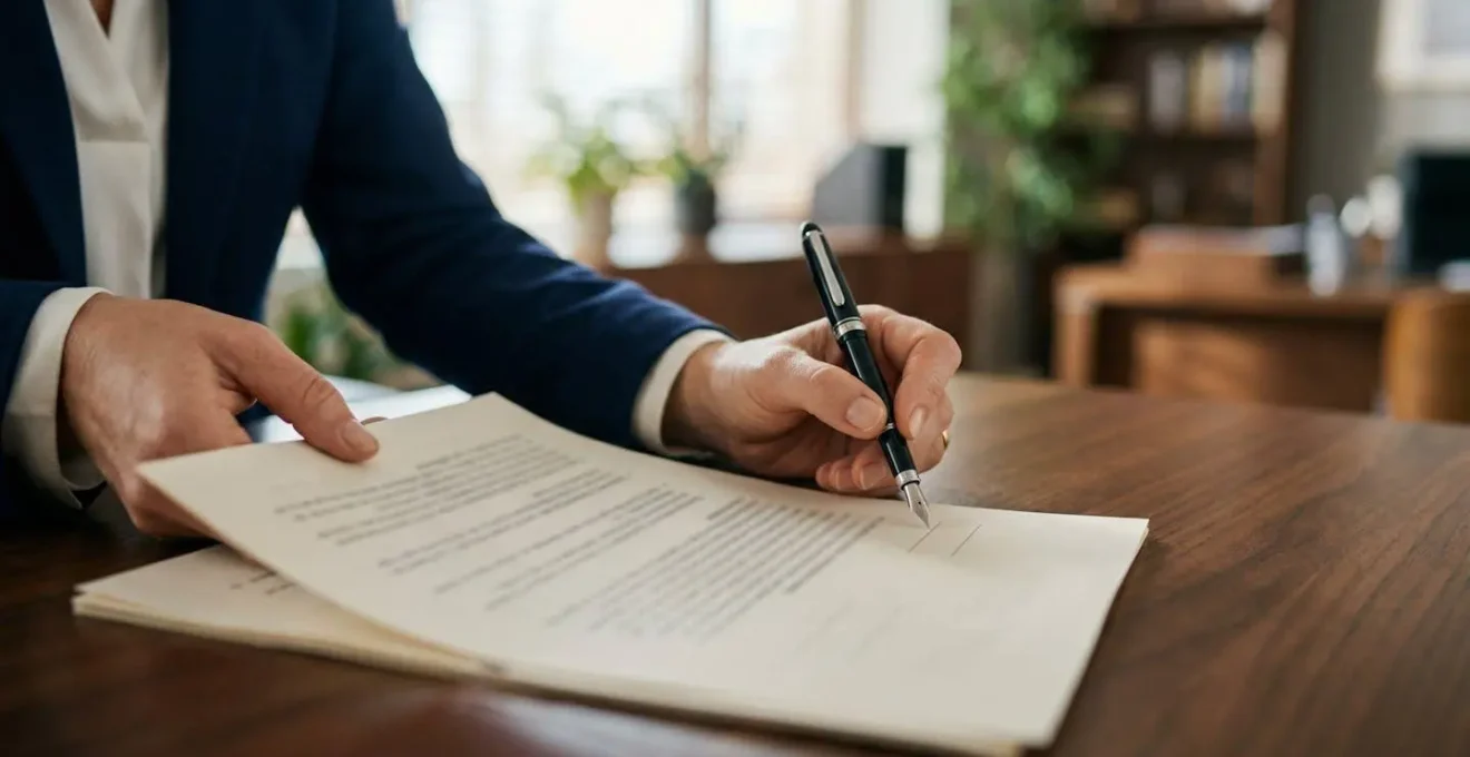 Gros plan sur des mains signant un contrat d'assurance avec stylo plume sur bureau professionnel
